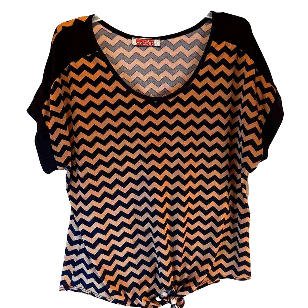 Carol Rose Women's T-Shirt Brown Black Chevron Short Sleeve Front Knot Stretch